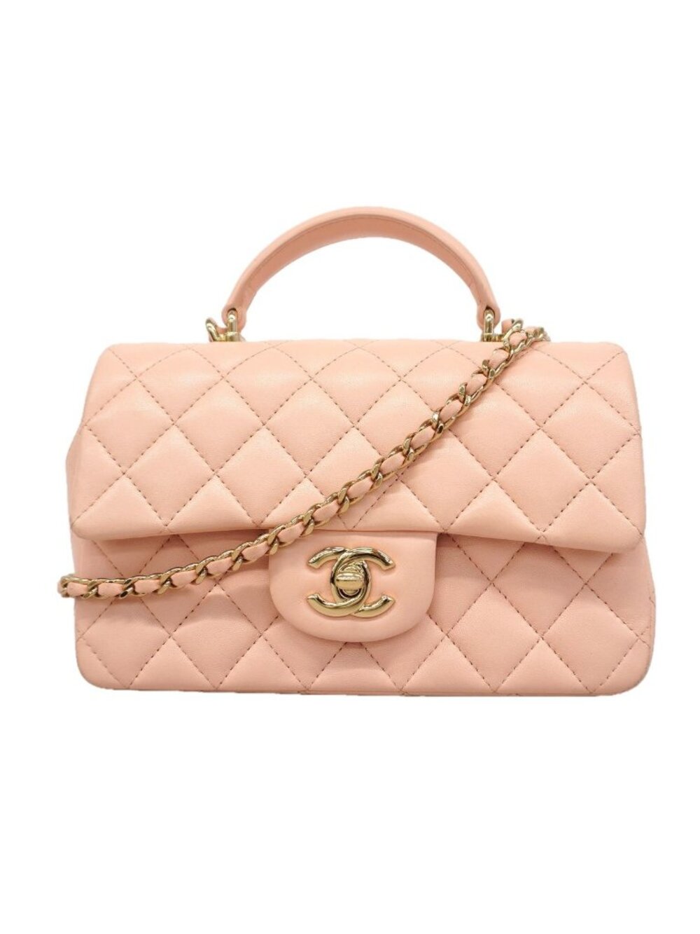 Chanel Handbag Quilted Top Handle Lambskin Pink Champagne Gold 2-Way Bag